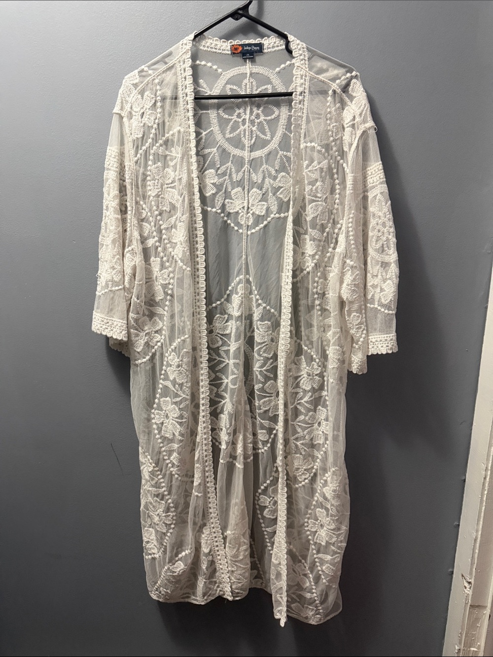 Indigo Poppy Boho Embroidered Open-Front Lace Cardigan - Cream